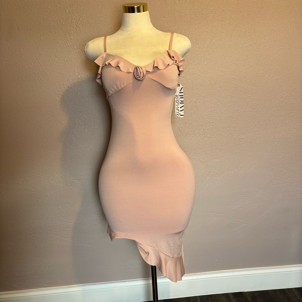 #0055 Almost Famous Tan Pink Asymmetrical Bodycon Dress